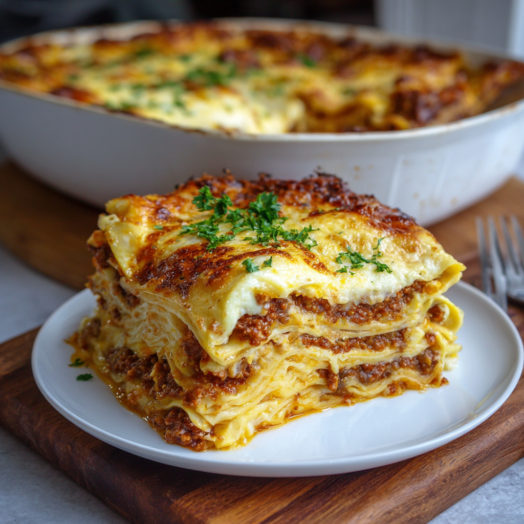 low carb lasagne made with egg crepe pasta sliced and served on a plate