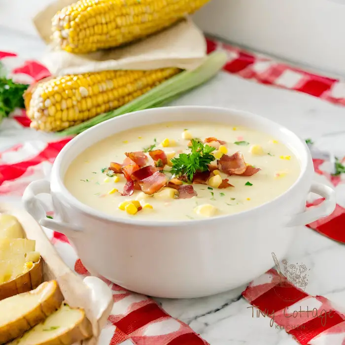bacon corn chowder in a crock