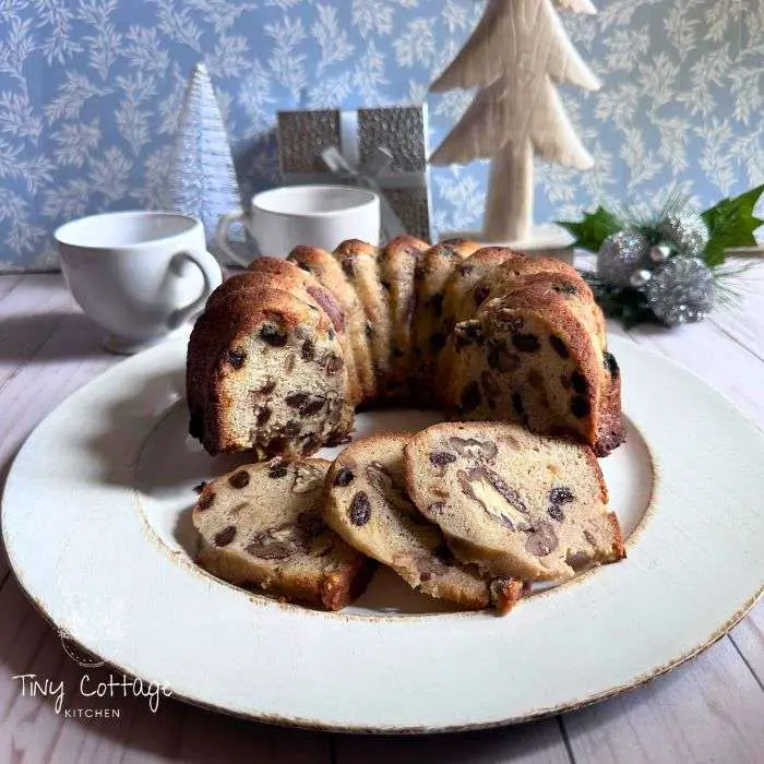 Light fruitcake made in a bundt pan