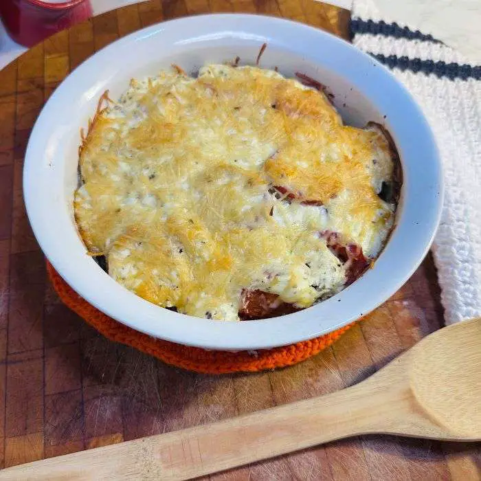 A casserole of baked zucchini and tomatoes