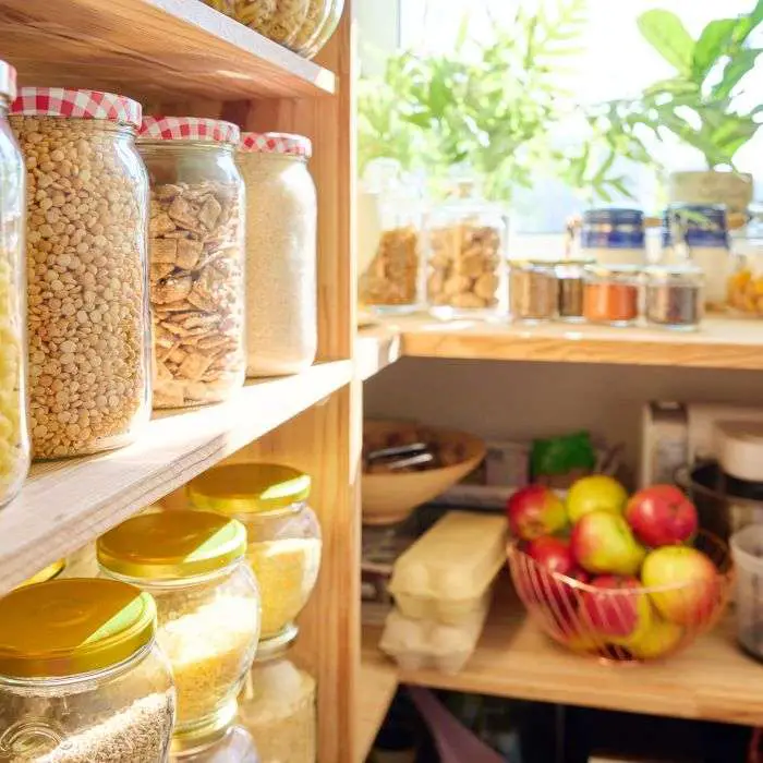 organized dry goods in containers on pantry shelf