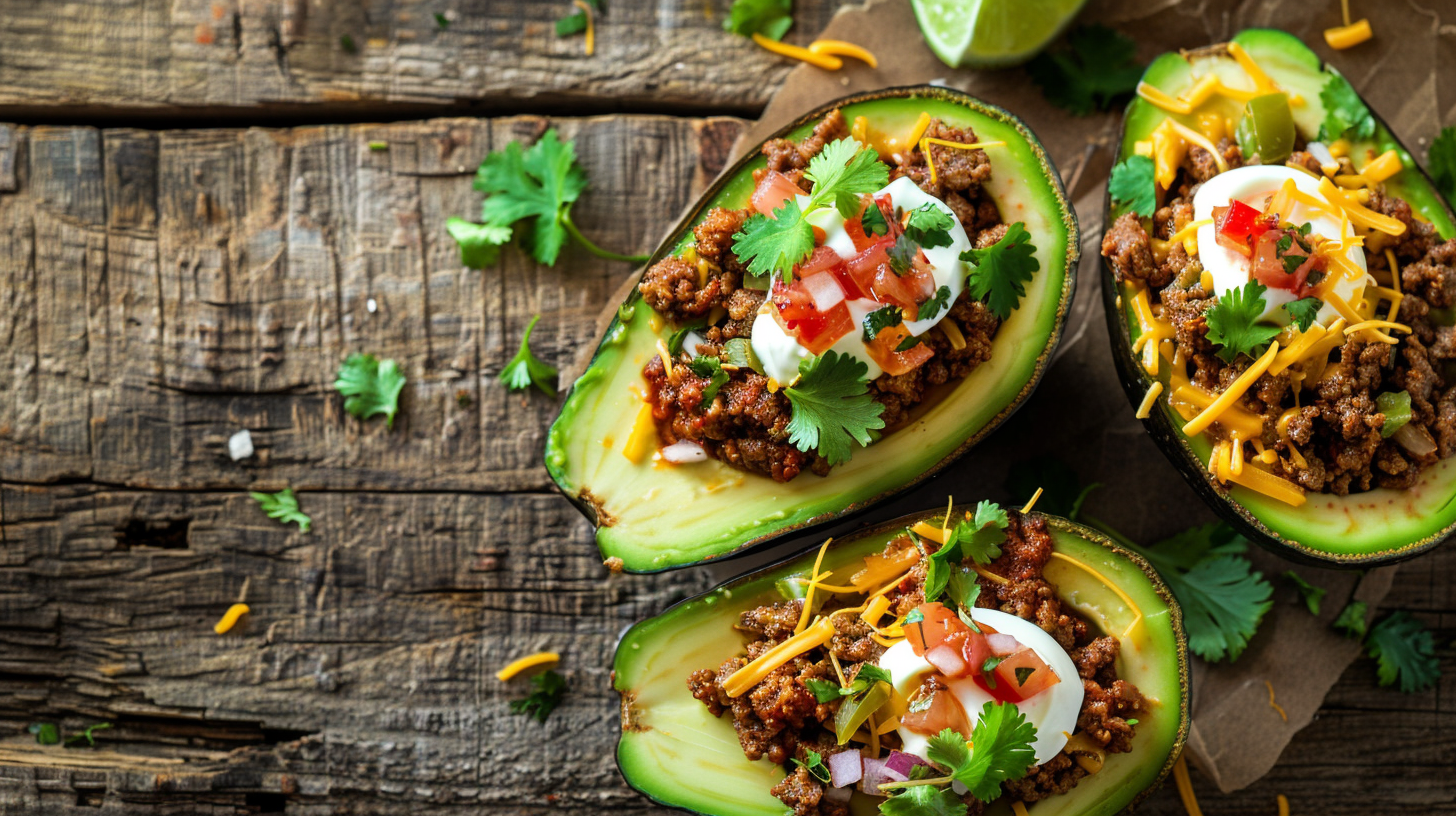 taco stuffed avocadoes on a wood table top, garnished with diceed tomatoes, cheese shreds and fresh cilantro