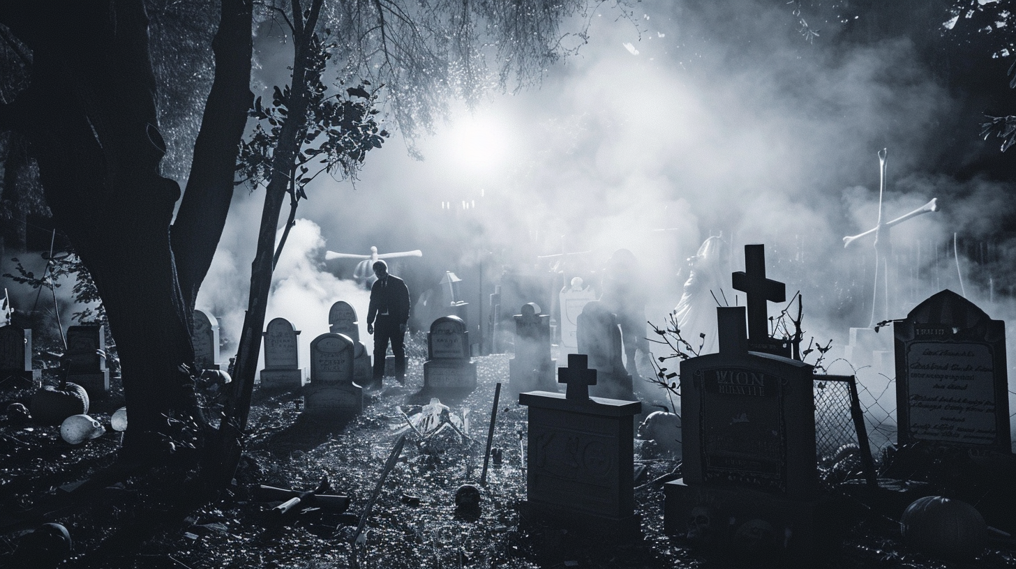 a spooky graveyard at night with zombies, smoke and moonlight