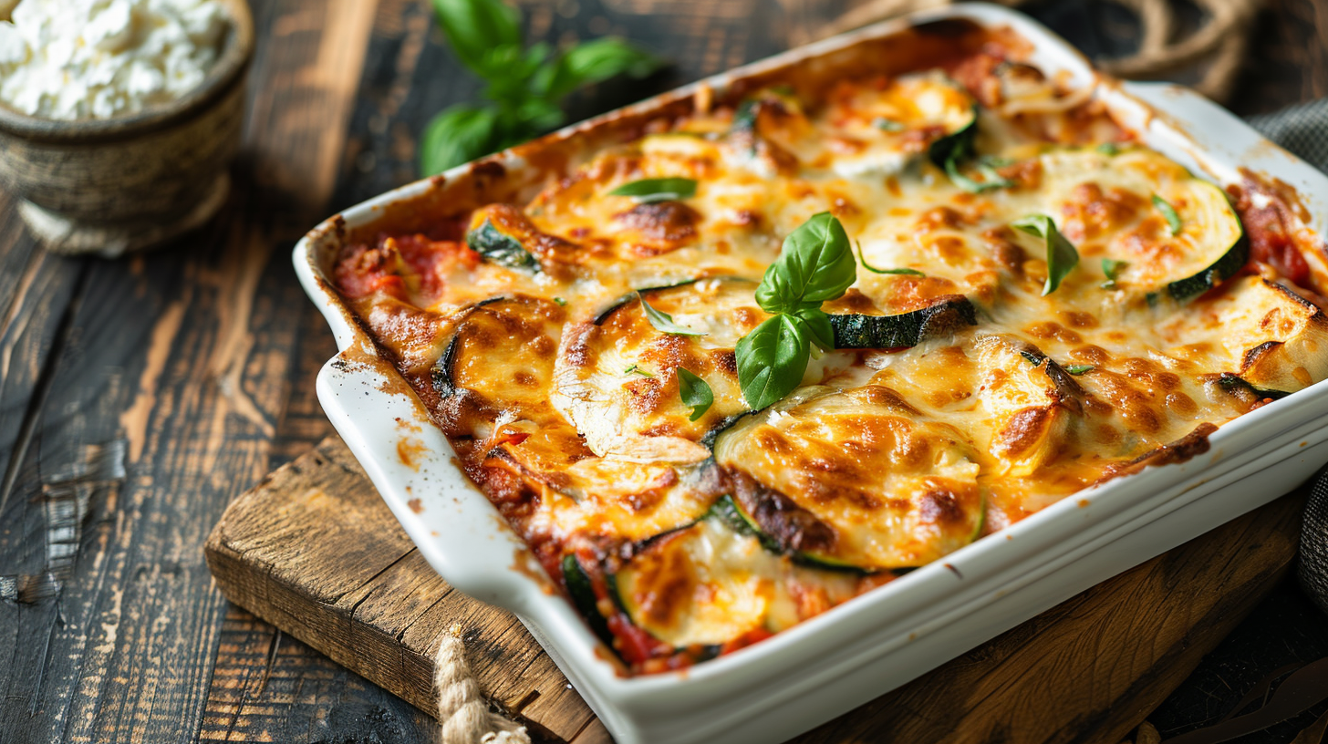 keto lasagne in a baking dish that shows zucchini rounds under bubbly browned cheese. A sprig of fresh basil is on top. it is displayed on a wood rustic table.
