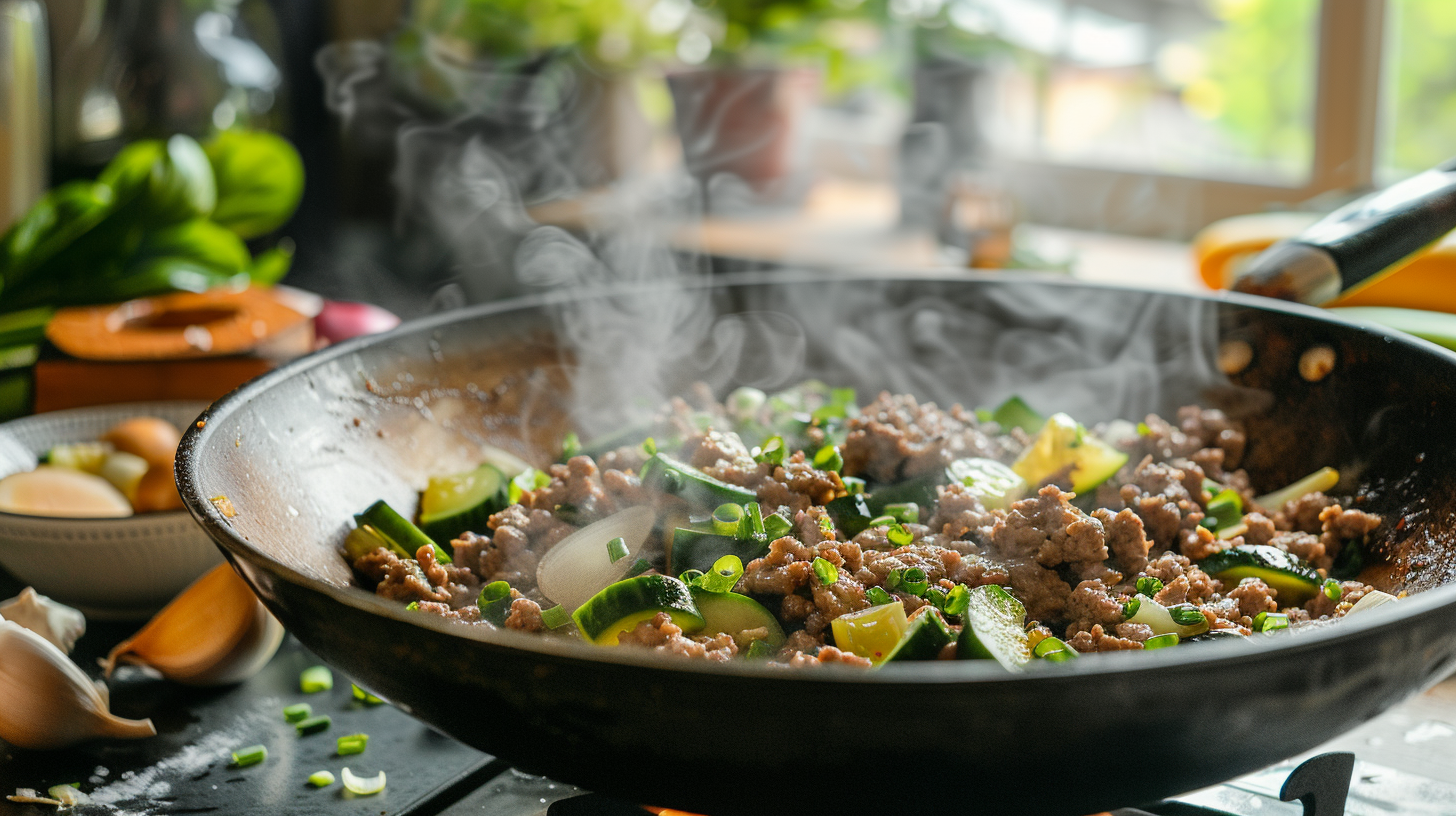 cucumber and ground beef stir fry cooking in a wok, garlic, ginger, and fresh cucumber slices visible on the counter, rustic kitchen scene, natural light, steam rising from pan