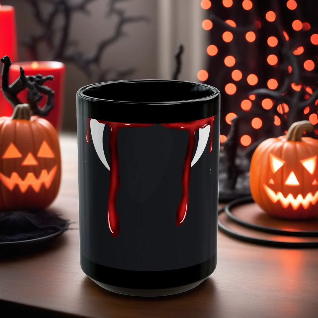 black mug with blood dripping from vampire fangs set in a halloween party background