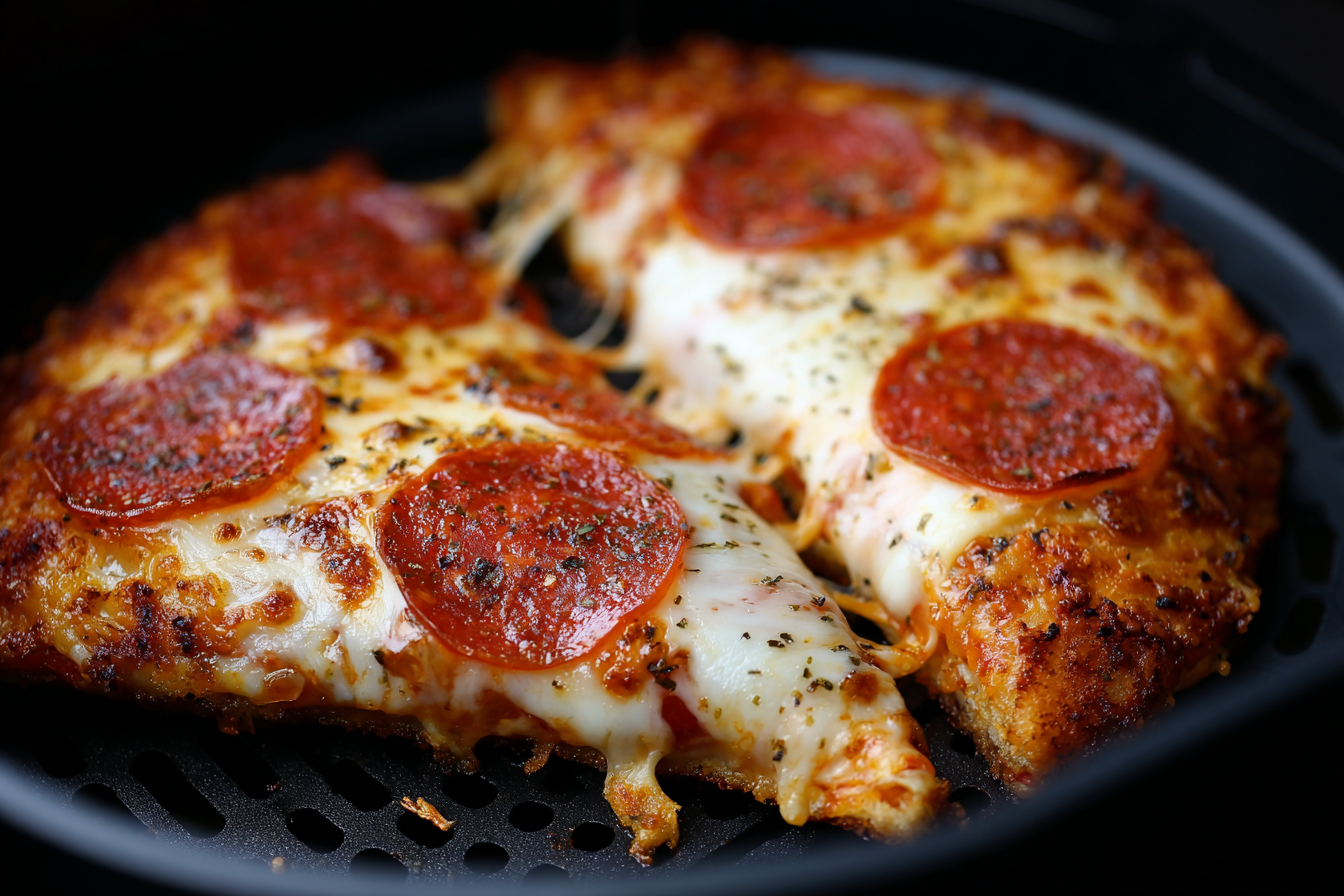 reheated pepperroni pizza in an airfryer basket