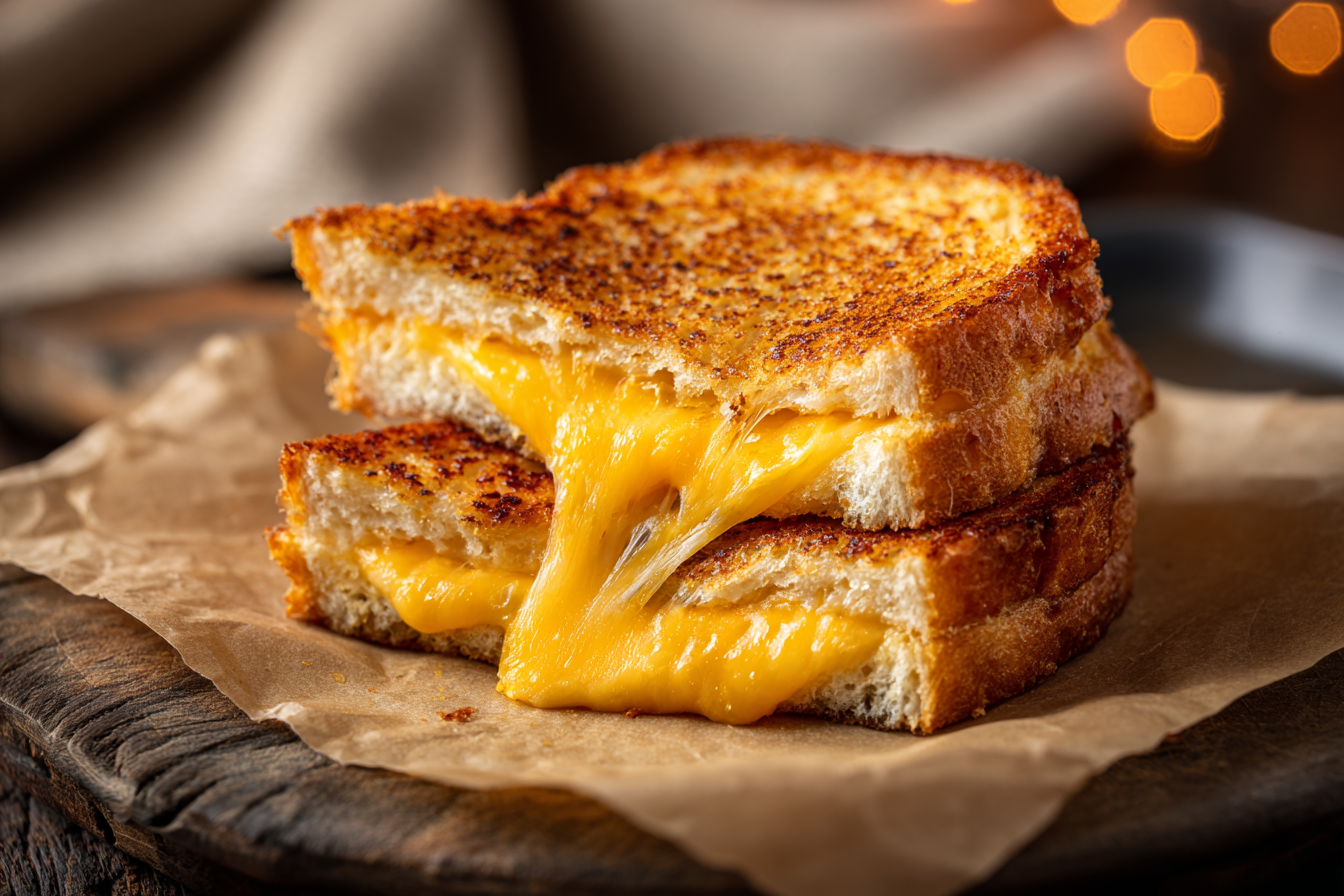 a grilled cheese sandwich with cheddar oozing out of the the sliced, resting on parchment paper
