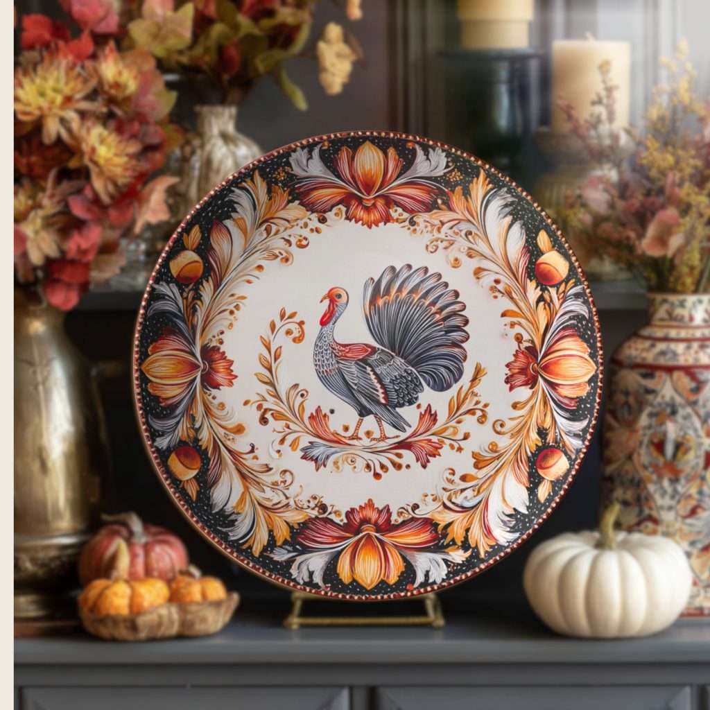 ornate seasonal plate with a thanksgiving theme, turkey in center, dark dramatic fall colors in a hand painited design