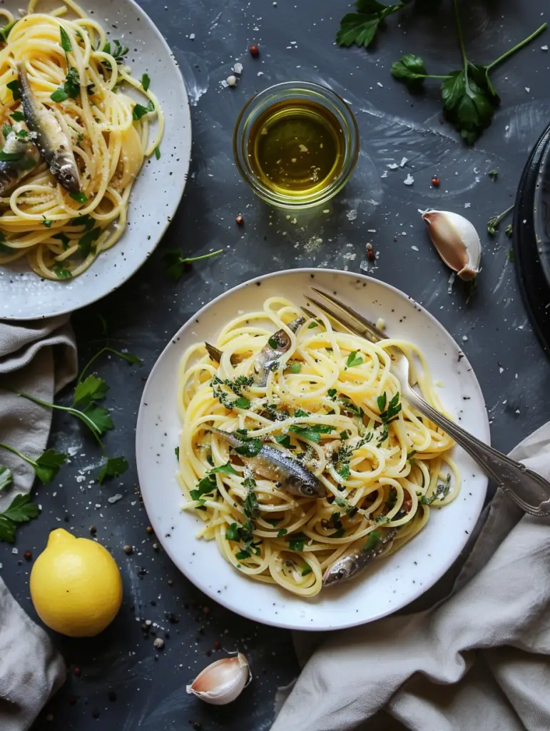 sardine pasta aglio e Olio on a granite counter, fresh lemons and whole garlic cloves scatterd around