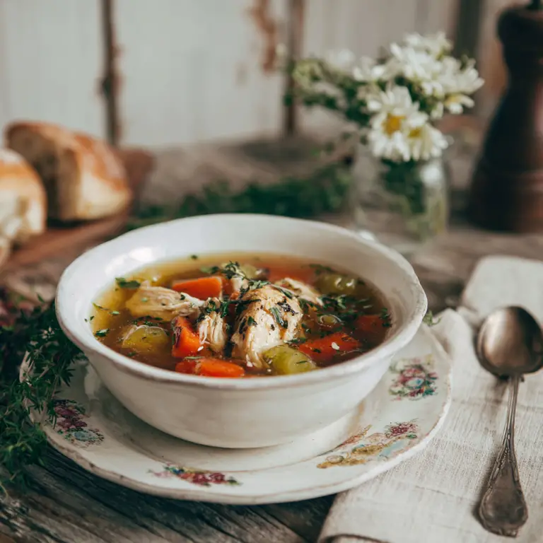 chicken and vegetable soup in a crockery bowl on a rustic table setting