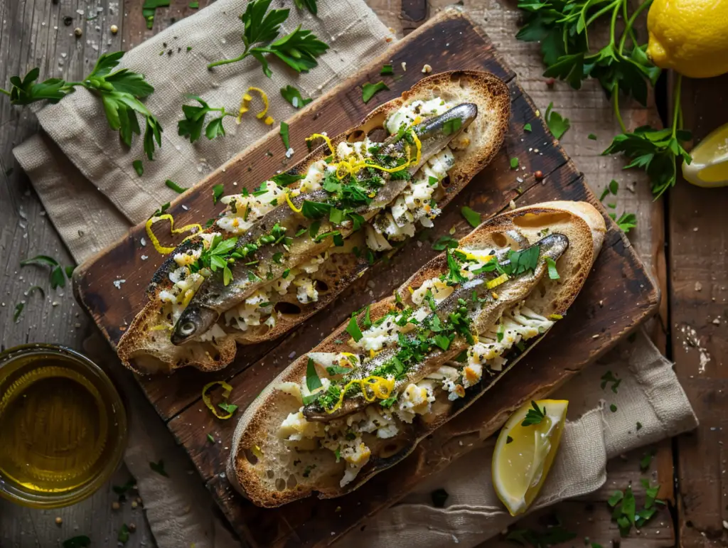crusty slices of bread toasted, topped with sardines, fresh chopped parsley and olive oil