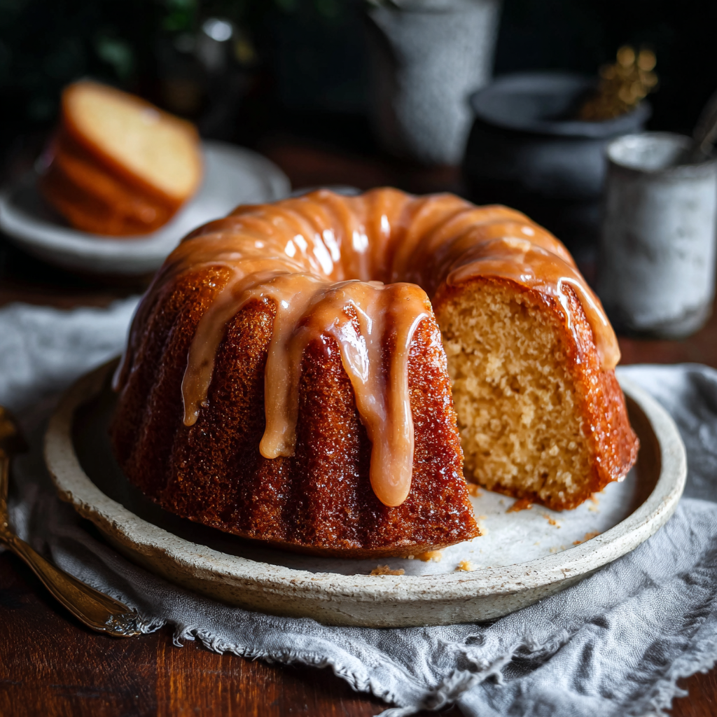 rum cake baked in a bundt pan with glossy thick rich brown glaze. on a wood table with floursack cloth and crockery  mug of coffee.