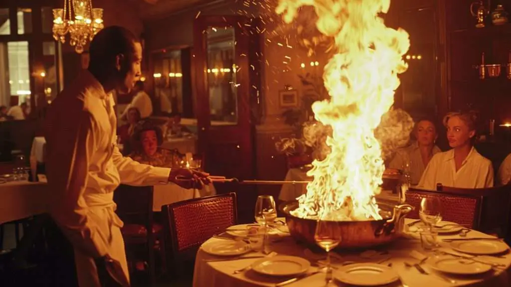 1950s New Orleans French Quarter restaurant, Brennan’s Royal Street, elegant dining room with white tablecloths, waiter flambéing bananas foster tableside in a copper skillet, dramatic flames leaping up, diners in mid-century attire watching in awe, warm ambient lighting
