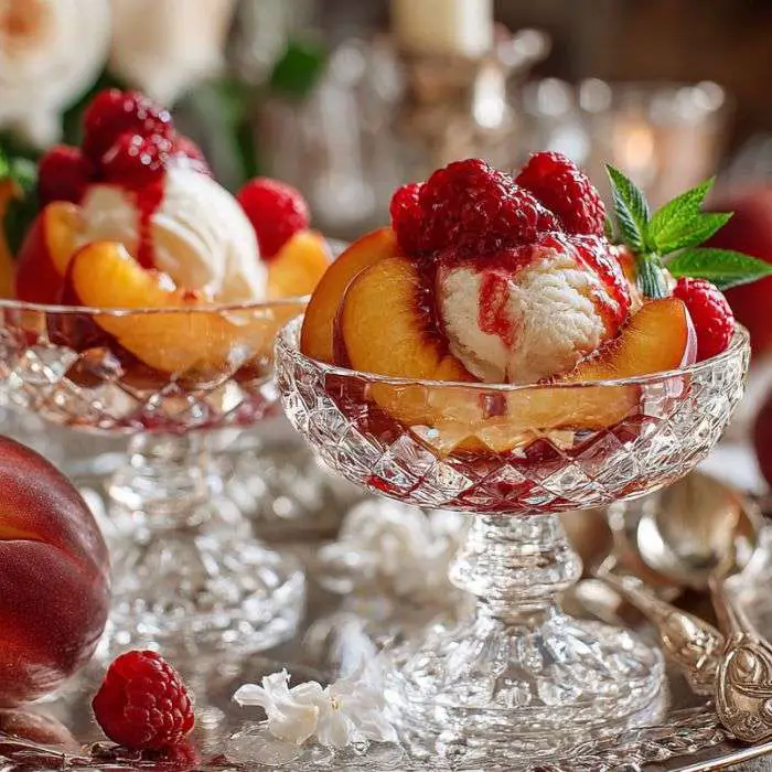 slices of peaches with ice vanilla cream and raspberry sauce served in a crystal pedastal style dessert dish, elegant table setting