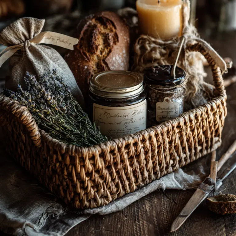 a housewarming basket of jam, bag of rice, bread loaf, candle and soft knit blanket