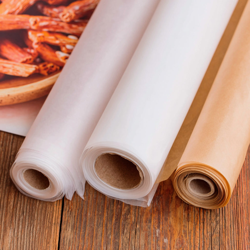 rolls of wax paper and parchment paper showing the differences in each and when to use them.