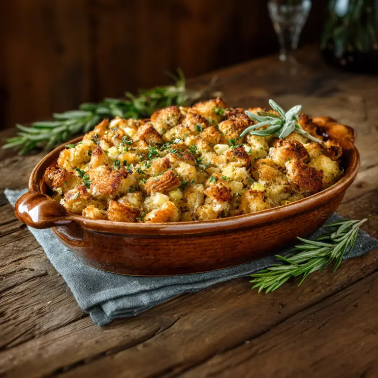 traditional baked american style thanksgiving stuffing in a rustic ceramic casserole on a rustic wood table