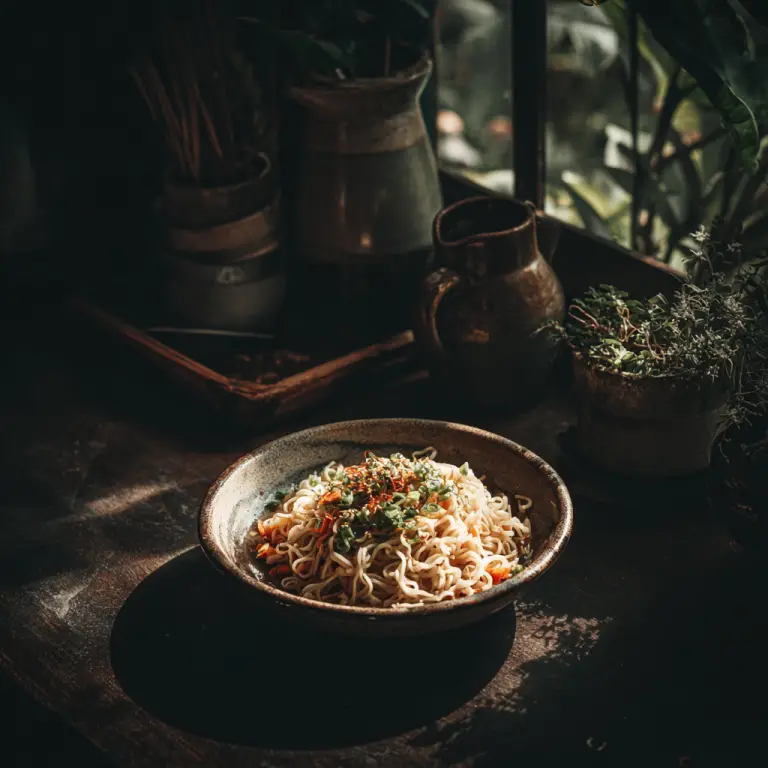 shiritaki noodles in a bowl with chopsticks. shown on a rustic wood counter with window light shining in.