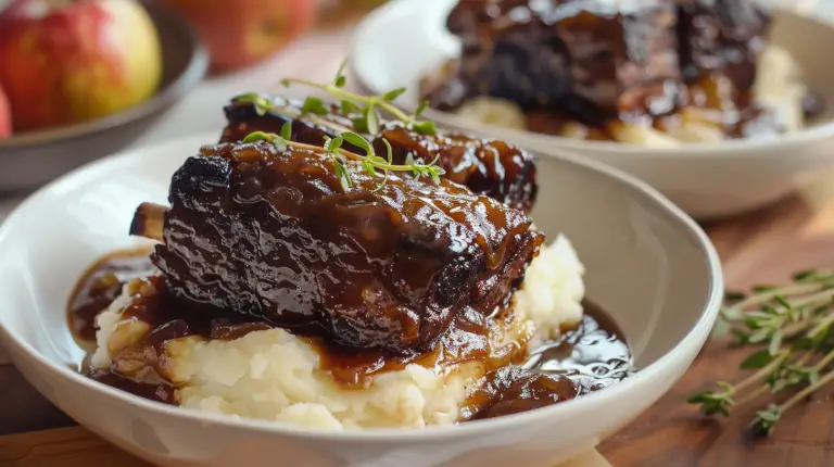 apple glazed braised short ribs over mashed potatoes with rich dark sauce