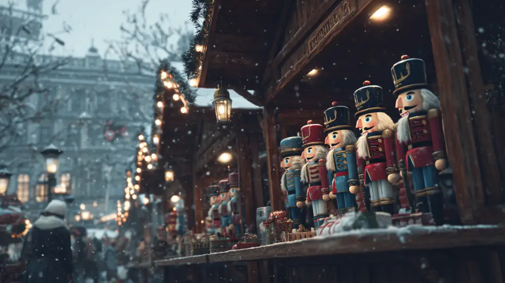 nutcracker soldiers displayed at an outdoor snowy German market