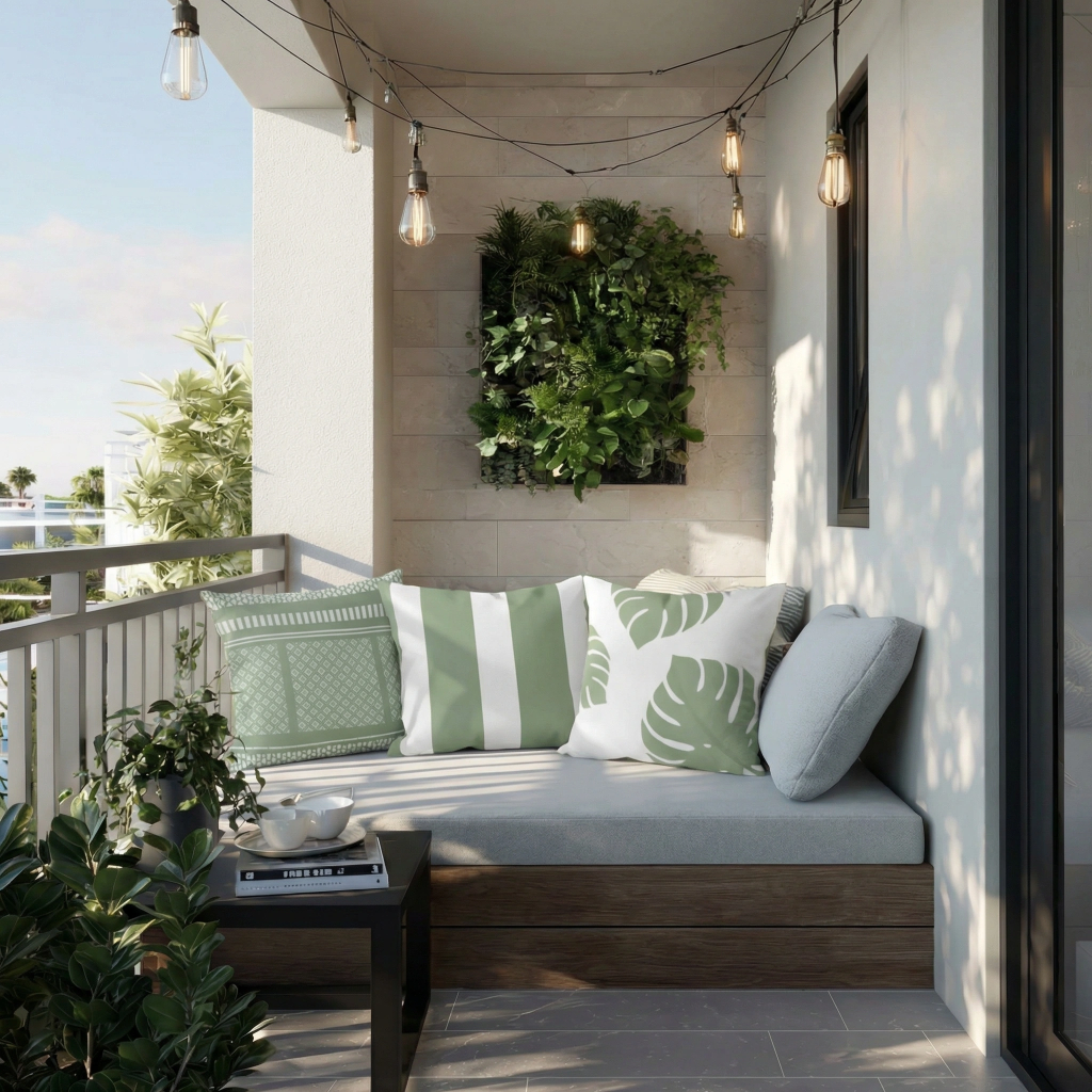 apartment balcony styled into an elegant reading nook