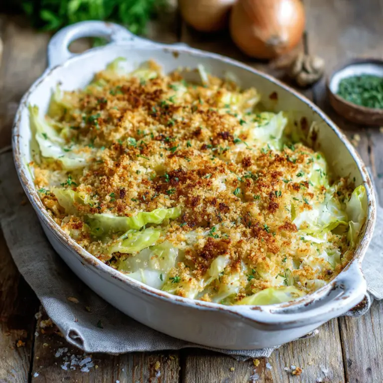 a rustic casserole baking dish with escallopped cabbage topped with baked buttered bread crumbs, food blogger style